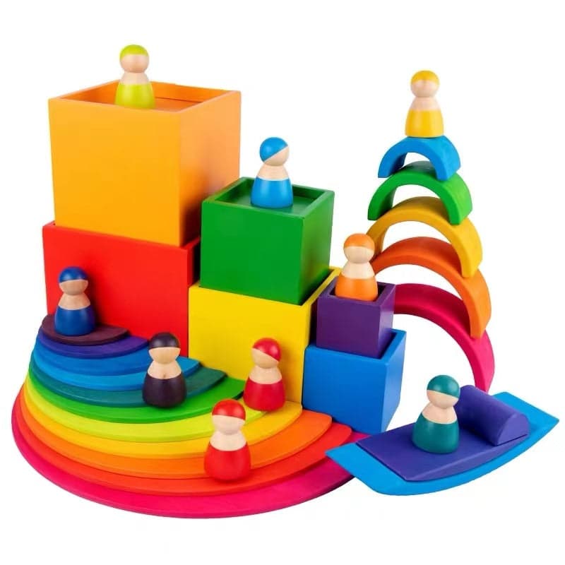 12 Pcs Rainbow Wooden Peg Dolls in Primary Colors on castle ornaments
