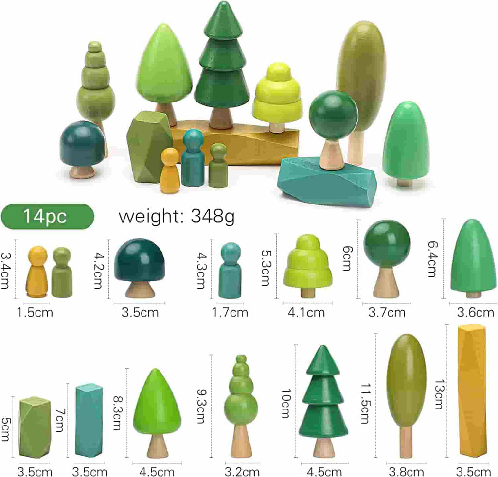 14pcs Wooden Tree Toys Set size