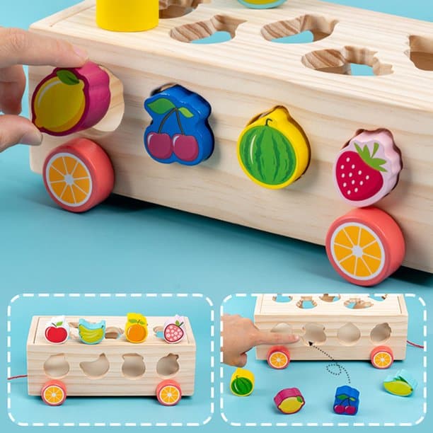 Wooden 3D Fruits Sorting Car   stacking toys