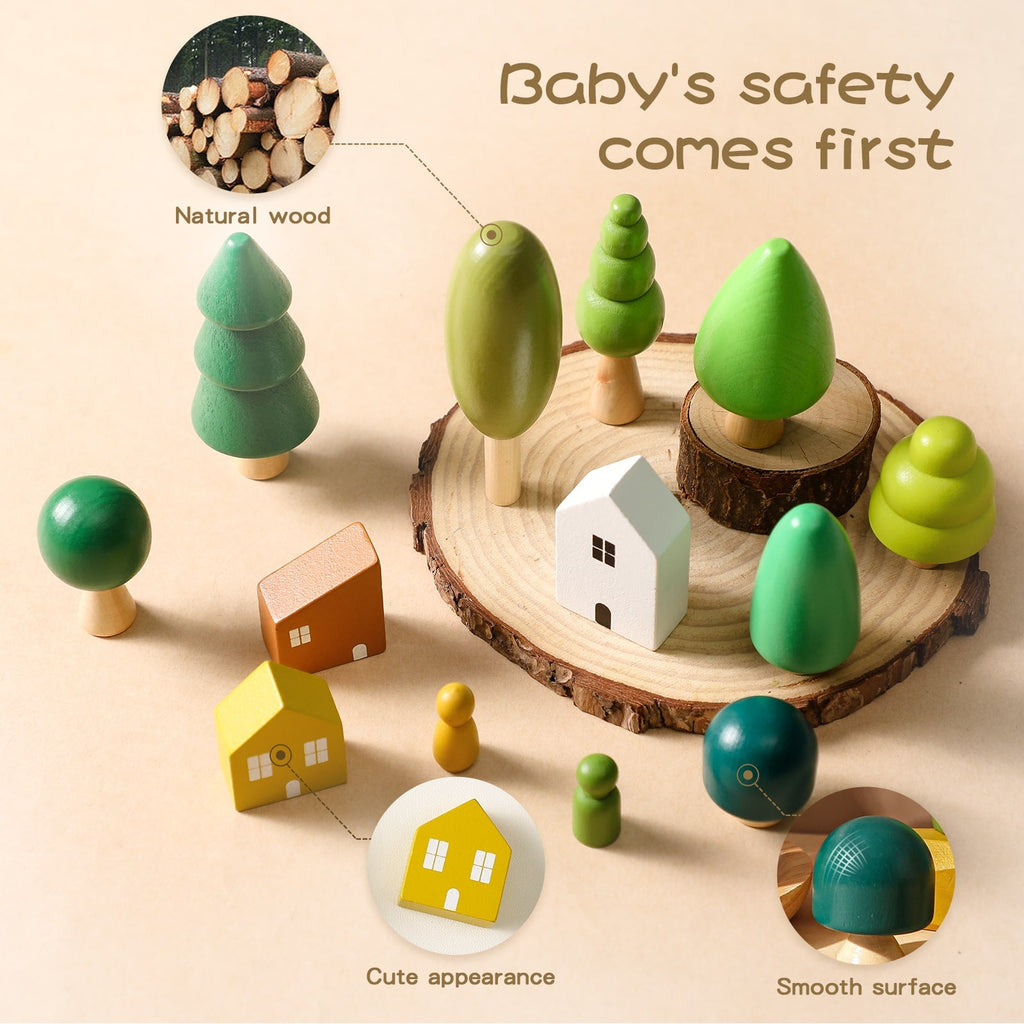 13pcs Wooden Forest & House Toys Set natural wood