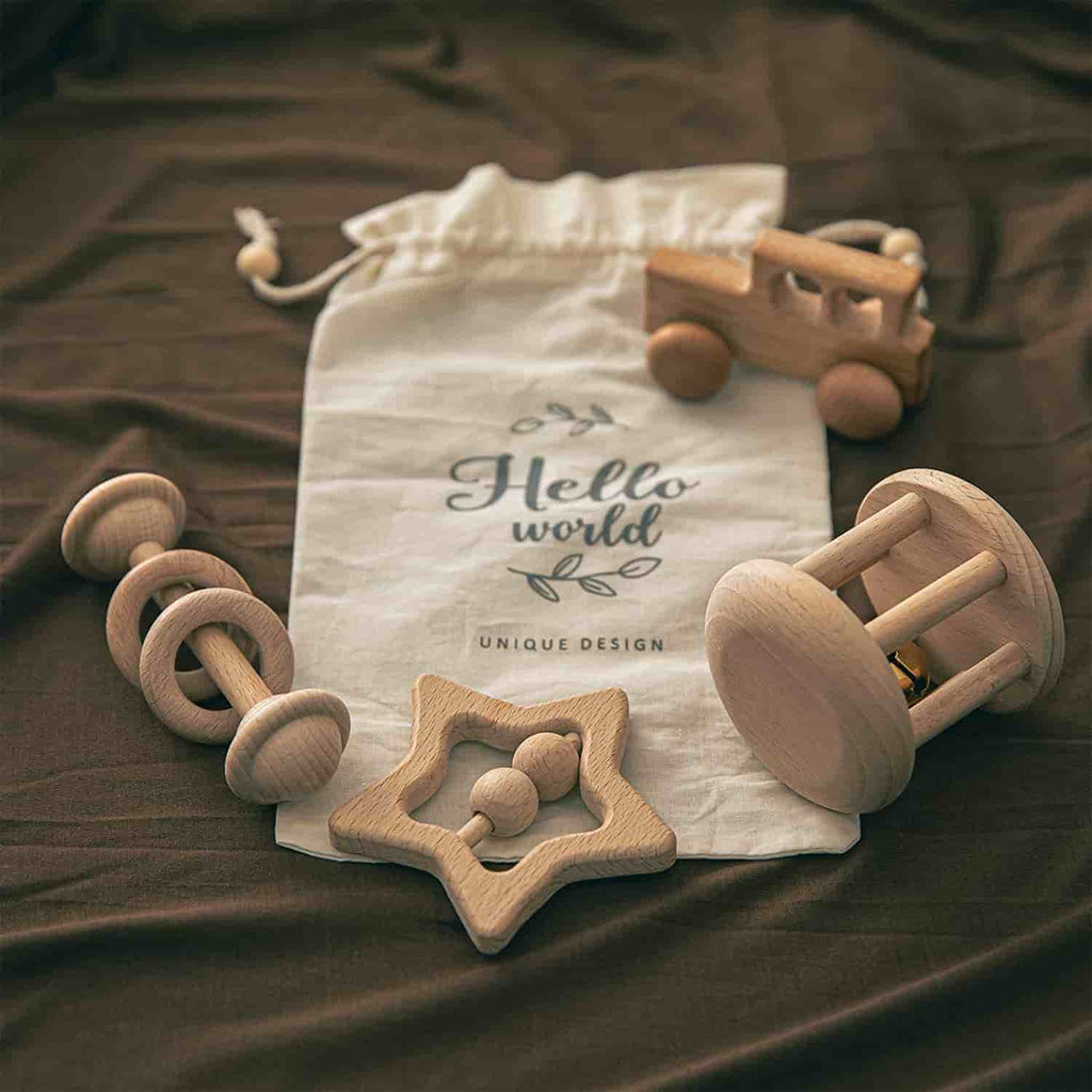 Wooden Montessori Rattles Grasping in bag
