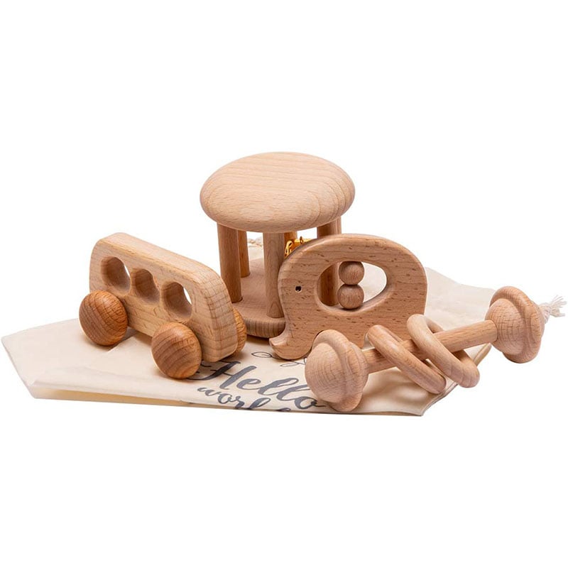 Wooden Montessori Rattles Grasping Bus toy set
