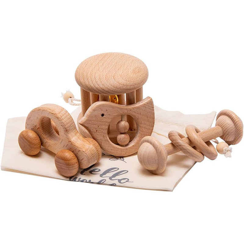 Wooden Montessori Rattles Grasping Car Toys Set