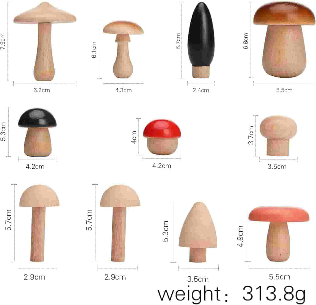 11pcs Wooden Mushroom Toys Set size